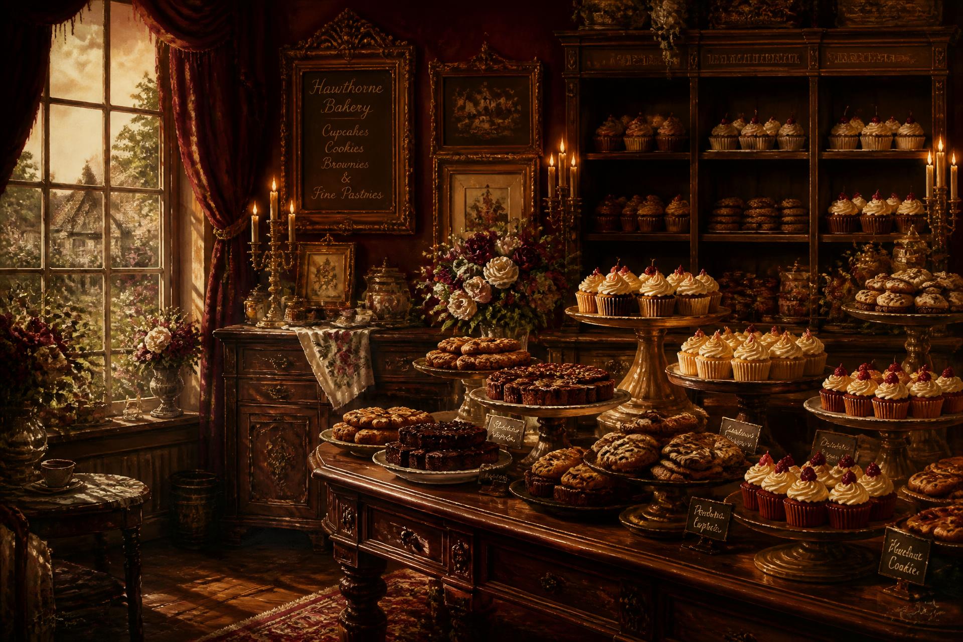 Old English country bakery filled with cupcakes, cookies and brownies